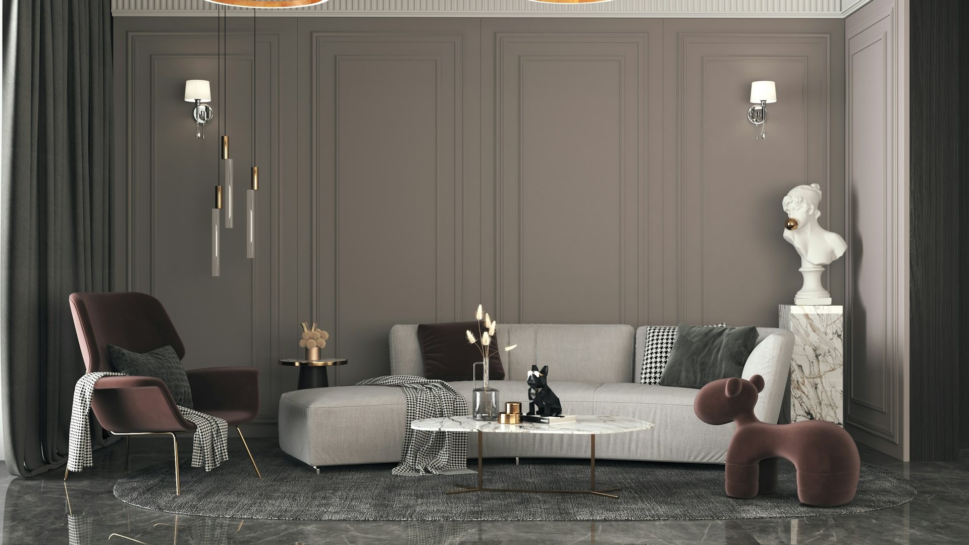 Aydınlatması kurulmuş, mobilyaları yerleştirilmiş, teslime hazır salon