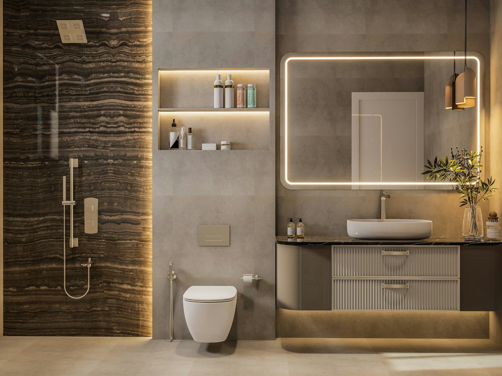 Doğal taş kaplamalı, aydınlatmalı aynası olan banyo
