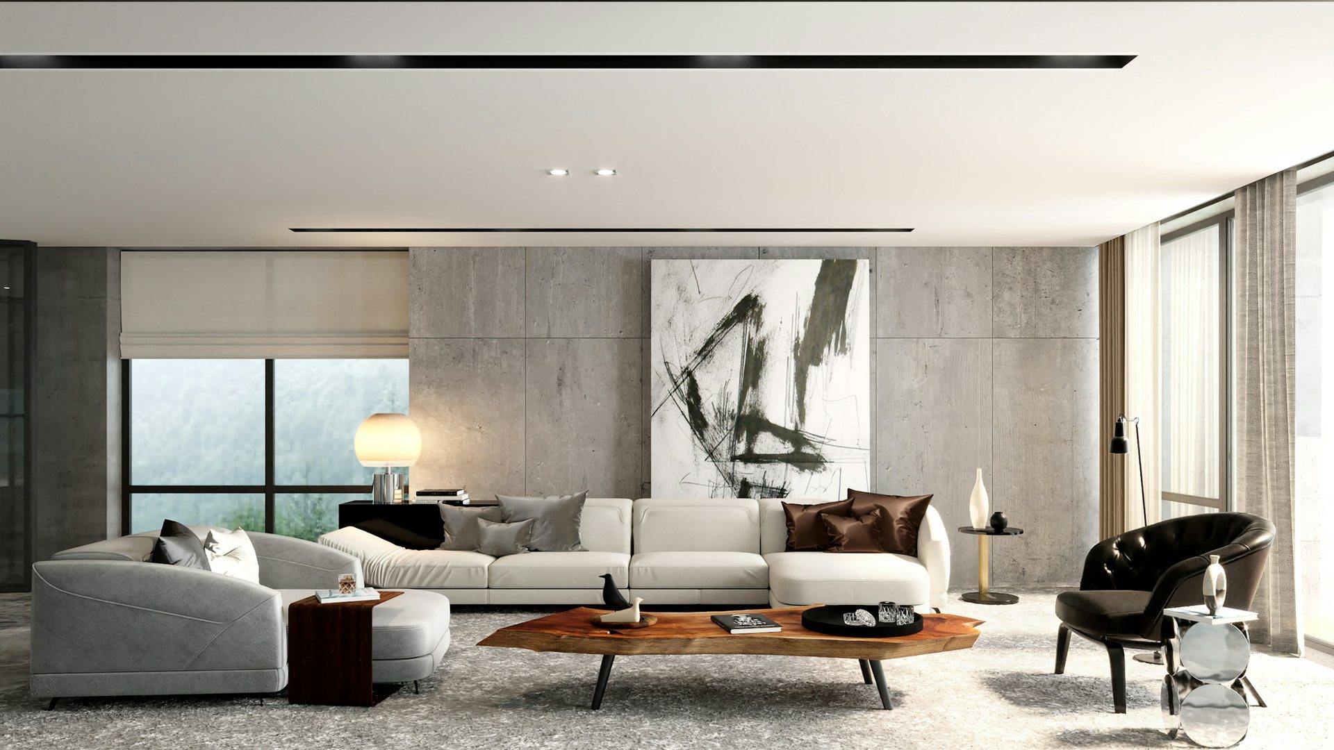 Geniş pencereli, oturma grubu ve sanat eseriyle düzenlenmiş salon